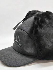 Unisex SUPPLEX Embroidered Hunting Cap - Faux Fur Ear Flaps, Warm Winter Hat - Dark Grey - View 2
