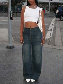 Quần jeans nữ ống đứng dáng suông, kiểu boyfriend rộng rãi, thiết kế túi xéo, phong cách đường phố Y2K. - Đồng - Xem 4