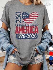 Happy 250th Birthday USA Shirt, American Iconic Eagle Tee, Patriotic 4th Of July Shirt, Semiquincentennial Gift, Independence Day USA Shirt, 1776-2026, 4th Of July Shirt For Women Or Men, Floral USA Flag Shirt, Patriotic Tee, Blue Red And White, 100%  Graphic Short Sleeve Top,Valentine's Gift Casual Tee,Green Shamrock Print Tee - 灰色 - 查看 1