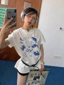 1pc Women's Casual Loose Cute Cat Print T-Shirt, Versatile Round Neck Top, Spring/Summer 2026 - White - View 2