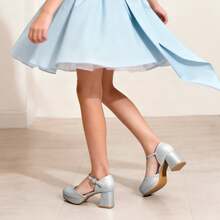 Girls Glitter Platform High Heels Square Toe Ankle Strap Wedding Party Pumps Flower Girl Shoes For Little Big Kid - 銀色 - 查看 8
