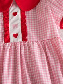 女童休闲格子印花短袖及膝连衣裙，时尚日常穿着，春夏款 - 粉色 - 查看 7