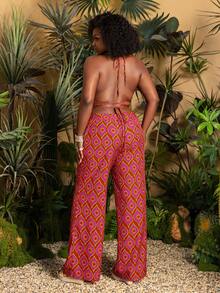 Faeriesty Plus Size Halter Neck Three Pieces Set - Geometric Print Kimono & Wide-Leg Trousers - Perfect For Garden Weddings, Outdoor Portraits & Bohemian Events - Red - View 3