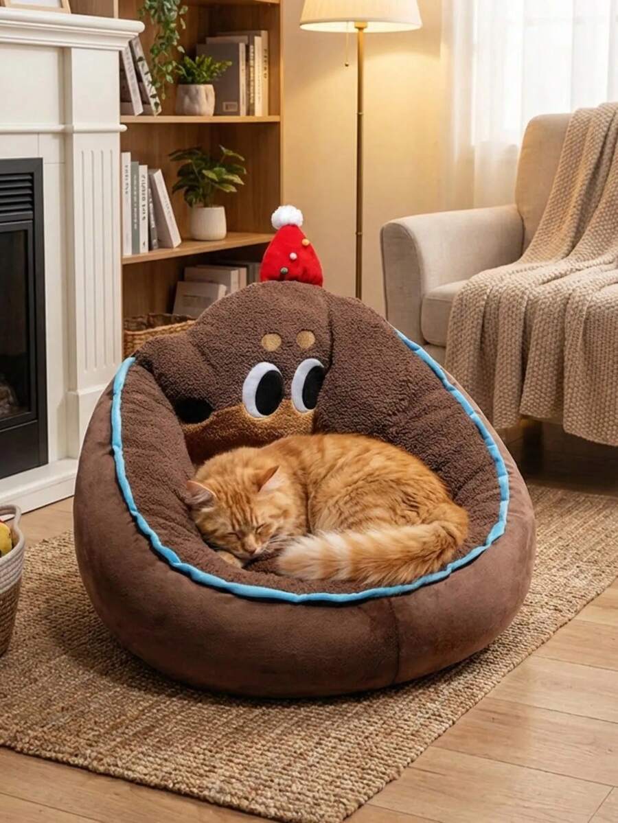1 pieza Cama para mascotas de perro/gato de dibujos animados, cama para mascotas suave y cálida, extraíble y lavable, adecuada para perros pequeños/medianos, para todas las estaciones - Café integral - Ver 1