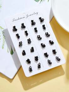 12pairs Cartoon Cat Stud Earrings - Black - View 9