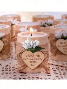 1个乡村风木质茶蜡烛台，木质圆柱形烛台，配有茶蜡烛，适用于许愿、婚礼、派对、餐桌摆饰、生日、节日派对、情人节、新娘送礼会等场合。 - 木質燭台 - 查看 1