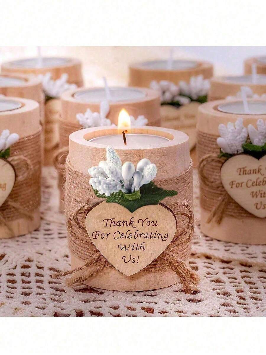 1个乡村风木质茶蜡烛台，木质圆柱形烛台，配有茶蜡烛，适用于许愿、婚礼、派对、餐桌摆饰、生日、节日派对、情人节、新娘送礼会等场合。 - 木質燭台 - 查看 1