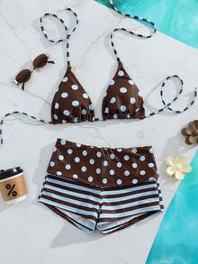 女士泳装比基尼，复古日常穿搭棕蓝色波点沙滩套装/健身裤外套/休闲/Y2K/性感西部风/波西米亚风/鸡尾酒会/复古/紧身/嘉年华/优雅/老钱/街头时尚/春夏假日 - 藍棕色 - 查看 7