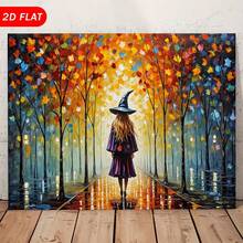 2D Flat 1pc Whimsical Oil Painting |   Young Girl In Purple Dress With Fall Leaves Forest |   2D Flat Wrapped Canvas Wall Art Living Room, Entryway, Bedroom |   Modern Minimalist Art Deco Style, Valentine'S Day Decor - 1 - View 2