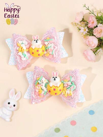 2个装复活节兔子装饰发夹，女士橡胶糖果碎屑摇摇乐蝴蝶结，闪亮白色粉色鳄鱼夹，可爱兔子发夹，甜美复活节发卡，女士发饰