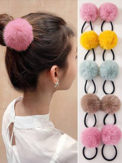 8pcs/Set Girls Autumn/Winter Furry Pom Pom Plush Cute Scrunchies Elastic Hair Ties Ponytail Holders Hair Accessories, Everyday Use