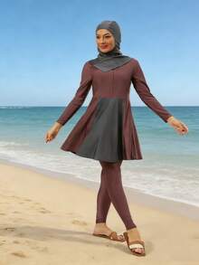 VFJ 女士高弹力保守泳衣圆领拉链布基尼高腰泳裤休闲穿着全包覆 - 中紫紅色 - 查看 3