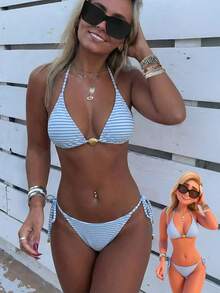 wohenmeili 女式性感露背系带条纹比基尼套装，带系带侧丁字裤，高弹力面料泳装 - 淺藍白條 - 查看 1