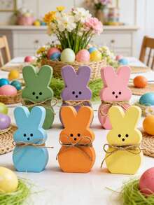6Pcs Easter Decorations Wood Bunny Easter Tiered Tray Decor Signs - Easter Shelf Sitter - Easter Decor For The Home - Spring Wood Decor - Multicolor - View 8