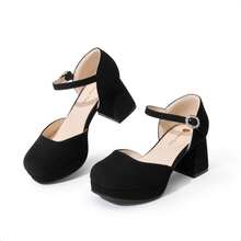 Girls Glitter Platform High Heels Square Toe Ankle Strap Wedding Party Pumps Flower Girl Shoes For Little Big Kid - màu đen - Xem 8