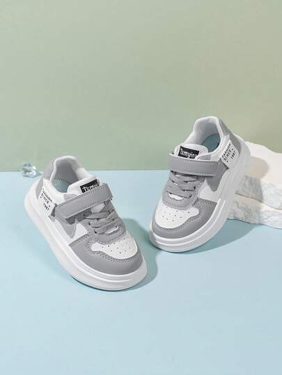 1 Pair Kids' Casual Sneakers, Comfortable Leather Patchwork Hook And Loop Closure Children Leisure Sports Shoes, Suitable For All Seasons, Gray Outdoor Shoes For Boys And Girls