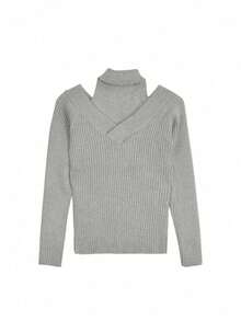 素色羅紋吊脖套頭衫毛衣 - 淺灰色 - 查看 2