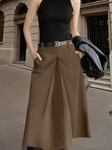 Chân váy nữ màu đen dáng chữ A dài ngang gối - Cạp cao, thiết kế xòe, chất liệu polyester, phù hợp đi làm hoặc mặc thường ngày, mọi mùa (không cần thắt lưng) Mùa xuân - Cà phê nâu - Xem 6