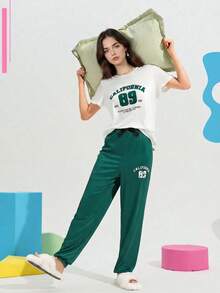 2pcs/Set Casual Letter Print Short Sleeve Top & Patterned Long Pants, Machine Washable - Multicolor - View 4
