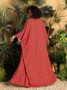 Faeriesty Plus Size Halter Neck Three Pieces Set - Geometric Print Kimono & Wide-Leg Trousers - Perfect For Garden Weddings, Outdoor Portraits & Bohemian Events - Red - View 2