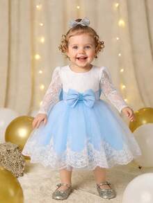 女婴蕾丝网纱露背蝴蝶结优雅可爱花童礼服，适合婚礼、派对和生日等场合，不含头饰 - 淺藍色 - 查看 4