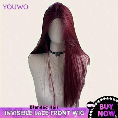 99J Burgundy 13x4 HD Transparent Straight Lace Front Hand Waves Wigs Pre Plucked Bleached Knots With Baby Hair 200 Density Red Colored Glueless Wigs Brazilian Bone Straight Blended Hair Wig For Women 8-34 Inch
