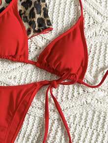 3pcs Red Leopard Print Bikini Set With Tie Front Cover Up, Swimsuit For Women Vacation - Multicolor - View 4