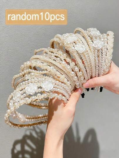 10条随机款式珍珠发箍，窄款金属发箍，适合女孩佩戴，可用于婚礼、派对和优雅日常装扮