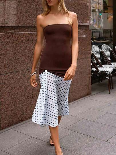 New Elegant Polka Dot Patchwork Ruffle Decor Strapless Dress, Suitable For Vacation, Beach, Evening Date, Holiday, Campus