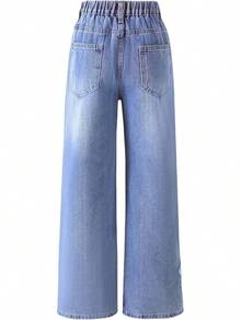 Girls Baggy Wide Leg Ripped Denim Jeans High Waist - 星-980 - 查看 3