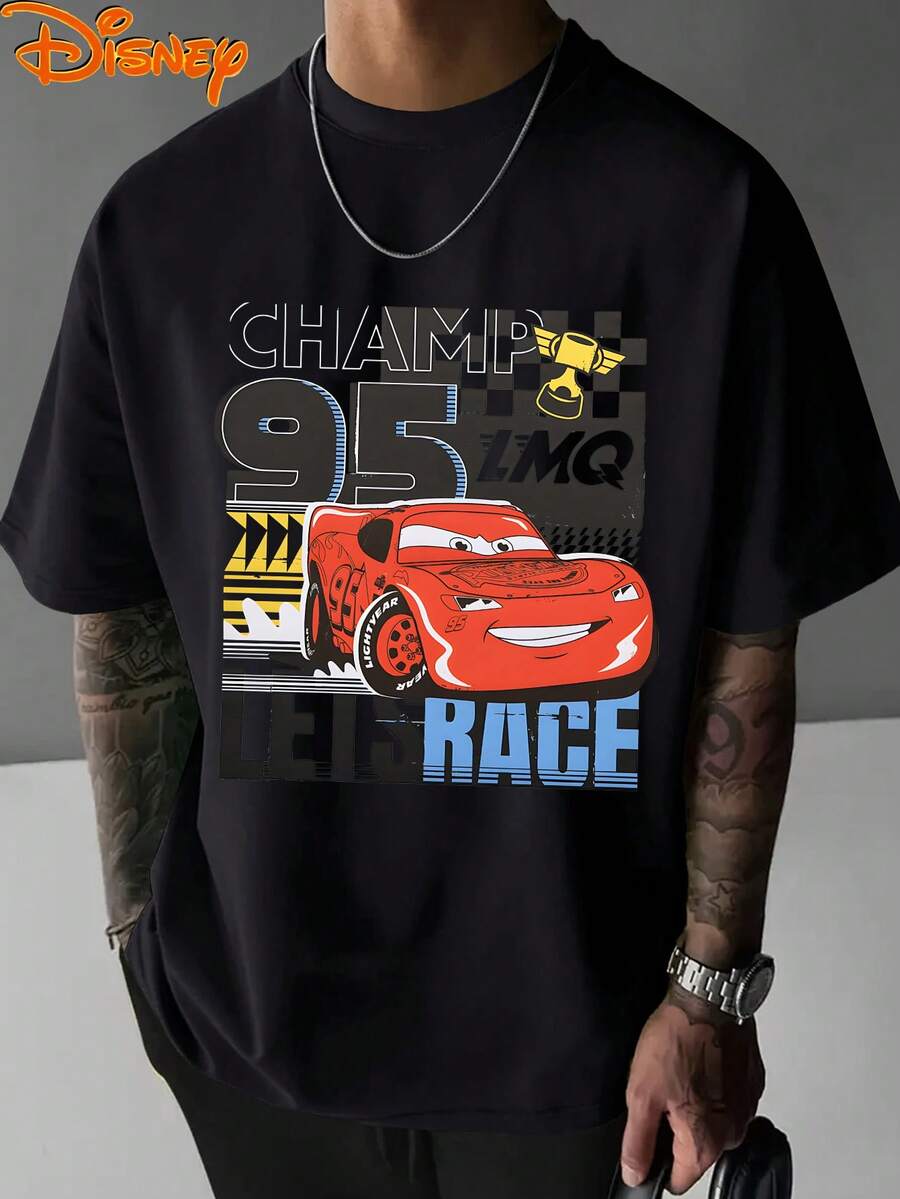 Disney Men's T-Shirt With Lightning McQueen Cartoon Pattern Featuring The Theme Of "Cars", Fashionable, Soft And Comfortable Cotton T-Shirt, Retro Street Feel - 黑色 - 查看 1