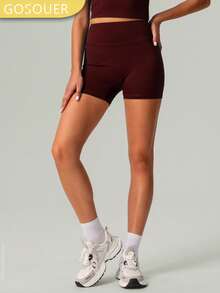 Women's Nude Solid Color High Waist Seamless Fitted Fitness, Running, Yoga Shorts - Màu Đỏ Sâu - Xem 4