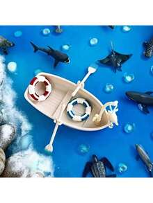 1pc Realistic Mini Boat Swimming Ring Fishing Boat Aquarium Floating Decor Model Toy Micro Landscape DIY Ornament - 1PC - View 2