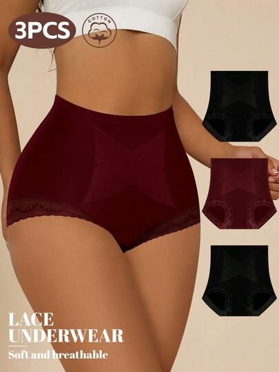 3 Stücke Damen Unterhosen mit hoher Taille, Spitzenbesatz, bequeme Baumwolle, Kreuz-Design, unifarben, für den täglichen Gebrauch