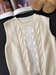 1 chiếc áo len dệt kim thanh lịch với họa tiết đan cáp cầu kỳ, thiết kế ren khoét rỗng, kiểu dáng thời trang không tay cổ tròn. - Màu be - Xem 5