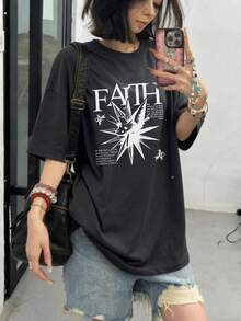 1件女士休闲宽松字母印花图案T恤，街头风圆领上衣，2026夏季款 - 深灰色 - 查看 2