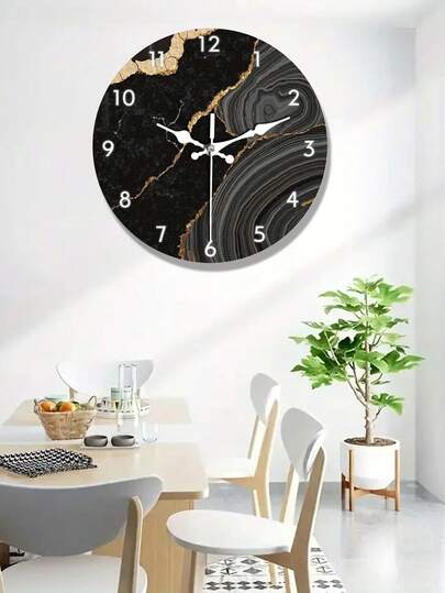 1pc Modern Luxury Black Golden Marble Texture Wooden Wall Clock - Silent Non-Ticking Round Wood Frame, Battery Operated (Battery Not Included) - Elegant Home Decor Art Gift For Art Lovers, Christmas, Clock Wall Decor, Sophisticated Design