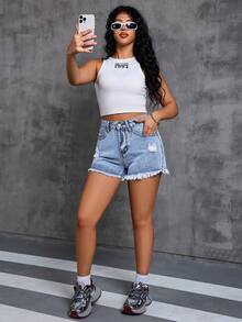 Women's Summer Casual Denim Shorts, Frayed Pockets, Zipper Closure, Distressed Denim, Straight Leg - Light Wash - View 6