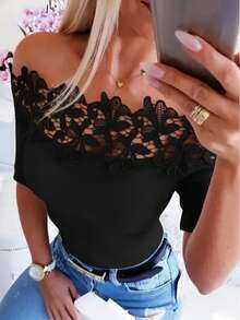 Kaos Wanita Lengan Pendek Warna Polos dengan Detail Ruffle di Bahu, Atasan Kasual Slim Fit Elegan untuk Berpergian & Pemakaian Sehari-hari, Warna Hitam Musim Panas - Hitam - View 2
