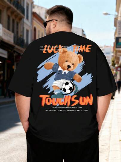 AnChiStreetwear - 大码男士印花T恤，泰迪熊踢球图案，男士印花T恤，黑色印花T恤，男士街头服饰，世界杯，足球