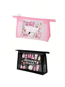 Mesh Cosmetic Bag With Face Mask Pattern And "Skincare" Text, Multi-Functional Makeup Bag For Storing Hair Clips, Headbands Etc., Red Cushion Portable Storage Pouch, Cosmetic Bag, Skincare Pouch - Multicolor - View 17