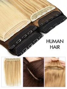 1pc Human Hair Clip-In Hair Extensions, 14-22 Inches Straight Natural Black Silky Hair Pieces, Increase Hair Volume, Simple For Daily Wear And Party, Women - Multicolor - View 3