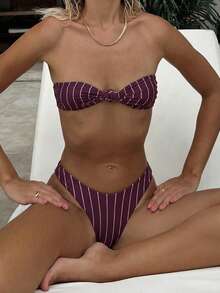 PEPPERMOLLY 新款柔软条纹印花可调节绑带露背优雅派对比基尼套装，夏季沙滩时尚女士比基尼度假 - 深紫色 - 查看 1