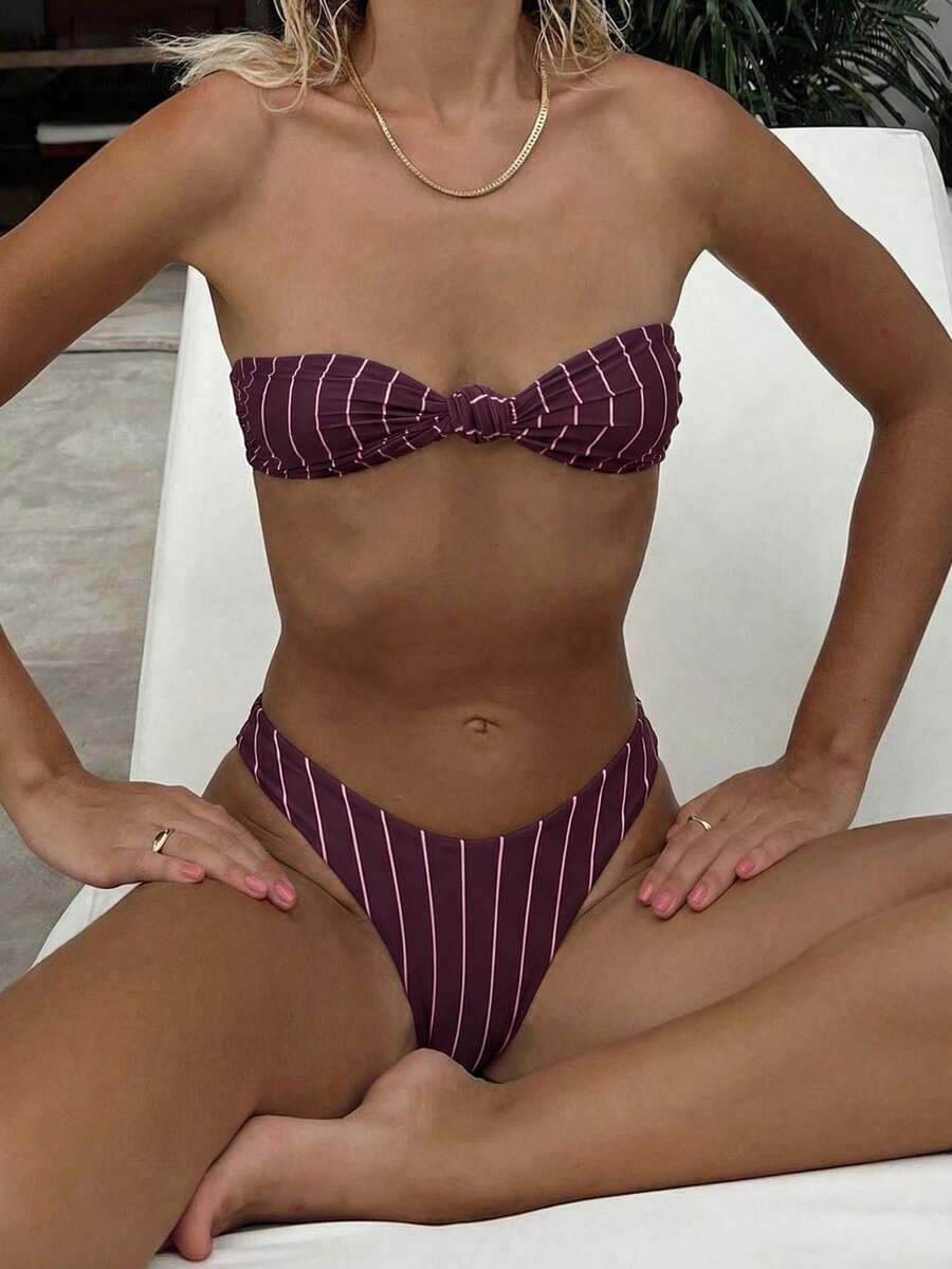 PEPPERMOLLY 新款柔软条纹印花可调节绑带露背优雅派对比基尼套装，夏季沙滩时尚女士比基尼度假 - 深紫色 - 查看 1