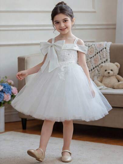 White Bow Lace Trim Tulle Princess Dress, Elegant Party Gown For Young Girls, Suitable For Birthday Party, Banquet, Prom, Wedding, Holiday Celebration
