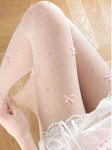 1 Pair Women's Rhinestone Bow Tie Stockings, Sheer Tights, Lolita Thin Skin-Friendly Pantyhose, Suitable For Cute JK Lolita Girl Outfits - Multicolor - View 5