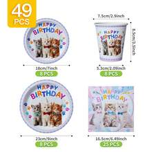 49/25/8pcs Assiettes, serviettes et gobelets jetables mignons avec motif chat pour anniversaire, ensemble de fournitures de fête jetables, convient pour 8 invités, assiettes en papier jetables, vaisselle de table de fête convenant pour anniversaire, mariage, fête à thème, pique-nique familial - Multicolore - Voir 2