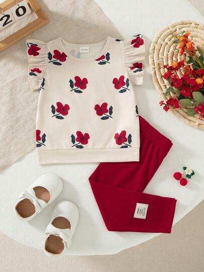 2件套女婴休闲碎花无袖上衣和纯色装饰直筒裤套装，春夏款