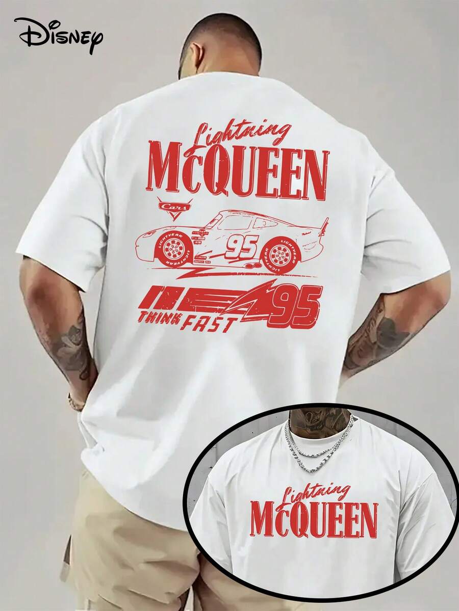 Disney Genuine Authorization 1 Piece, Retro Lightning McQueen Shirt, Car, Adult Men's Casual Shirt, Short-Sleeved Loose Breathable T-Shirt In Summer. - trắng - Xem 1