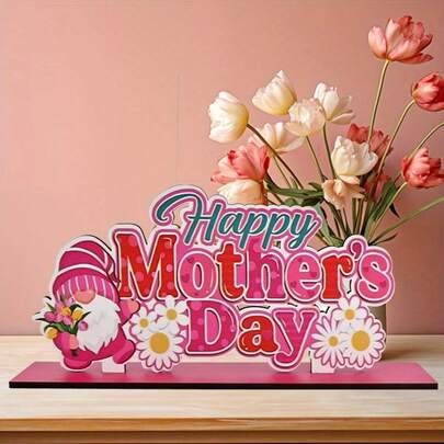 2D平面 - 1件装雏菊母亲节桌面装饰牌 - 木质复合板，印有“母亲节快乐”字样和花卉图案，适合家居、办公室或节日派对装饰，母亲节礼物 | 装饰 | 木板